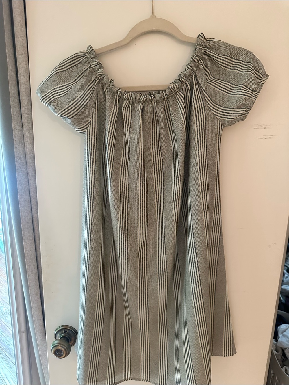 Romeo & Juliet Couture Striped Off-Shoulder Dress in Sage and Cream